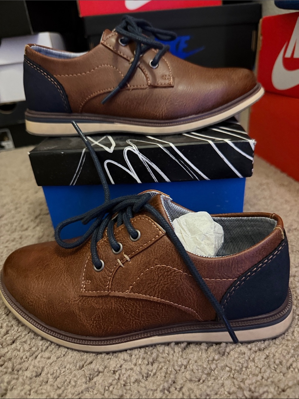 Kids Max + Jake Oxford Brown Casual Lace-Up Shoes with Navy Accents